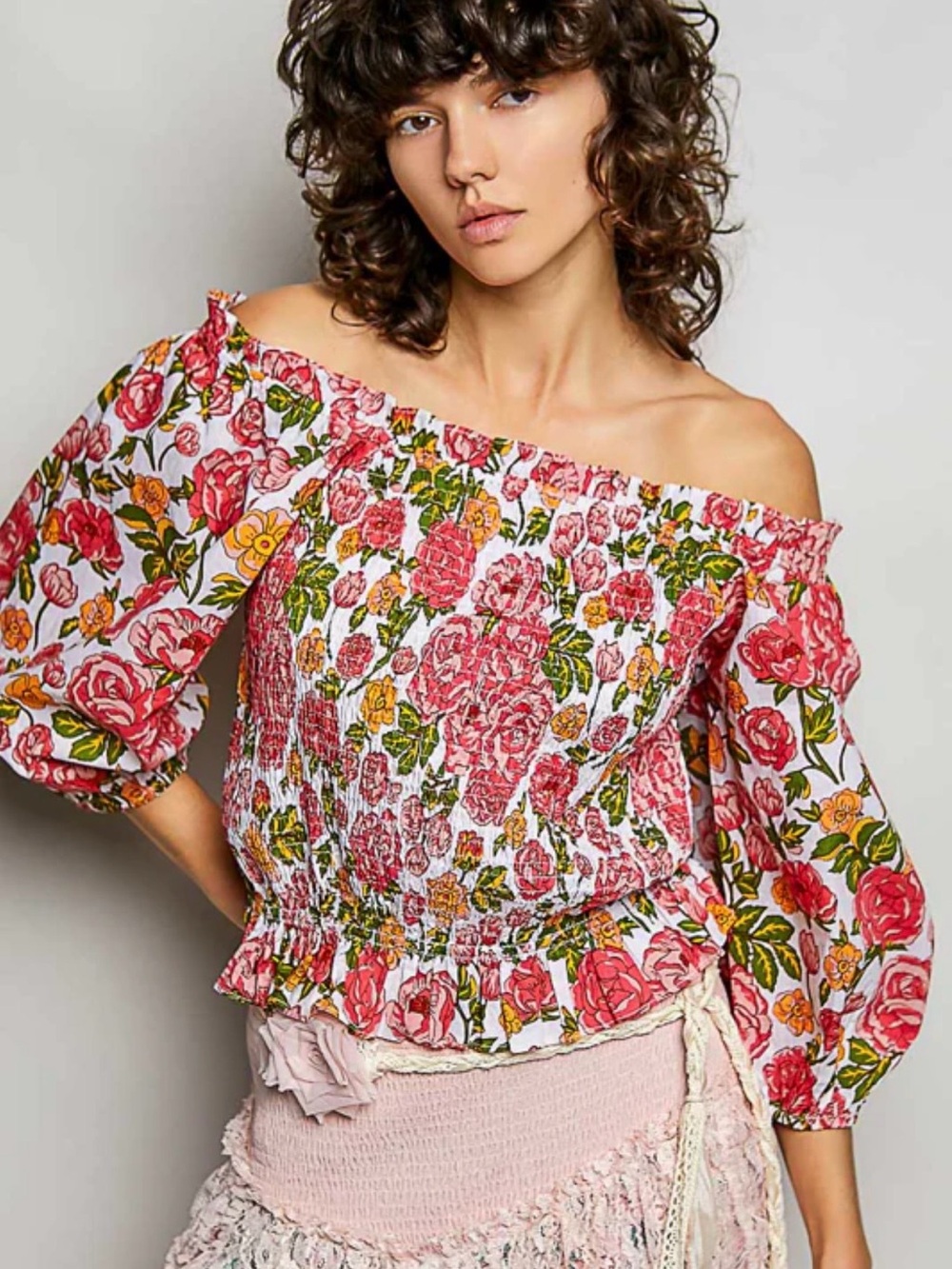 POL Rose-Print Off-Shoulder Smocked Blouse